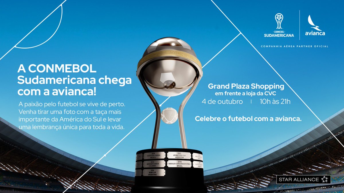 #Brasil: Se aproxima o dia mais esperado pelos torcedores que acreditam… A emoção da trofe CONMEBOL Sudamericana. Está mais perto do que você imagina! #AcreditarNosFazVoar ✨⚽

Somos a companhia aérea parceira oficial das competições de Clubes <a href="/Sudamericana/">CONMEBOL Sudamericana</a>. ⚽️✈️