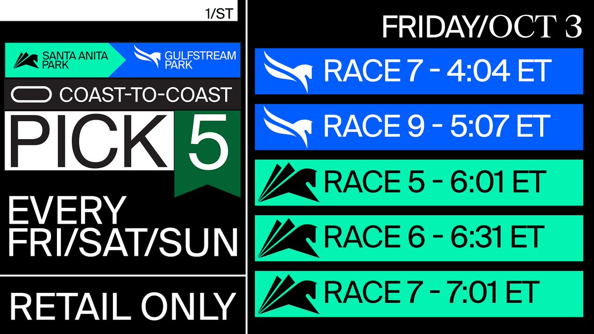 GulfstreamPark's tweet photo. This is the sequence for Friday's @1st_racing
#Coast2Coast Pick5! Races from @santaanitapark and #GulfstreamPark, $1 Minimum Wager, 15% Takeout, it's a Retail only wager! #SunshineMeet #AutumnMeet https://t.co/pnjfIQrFnk