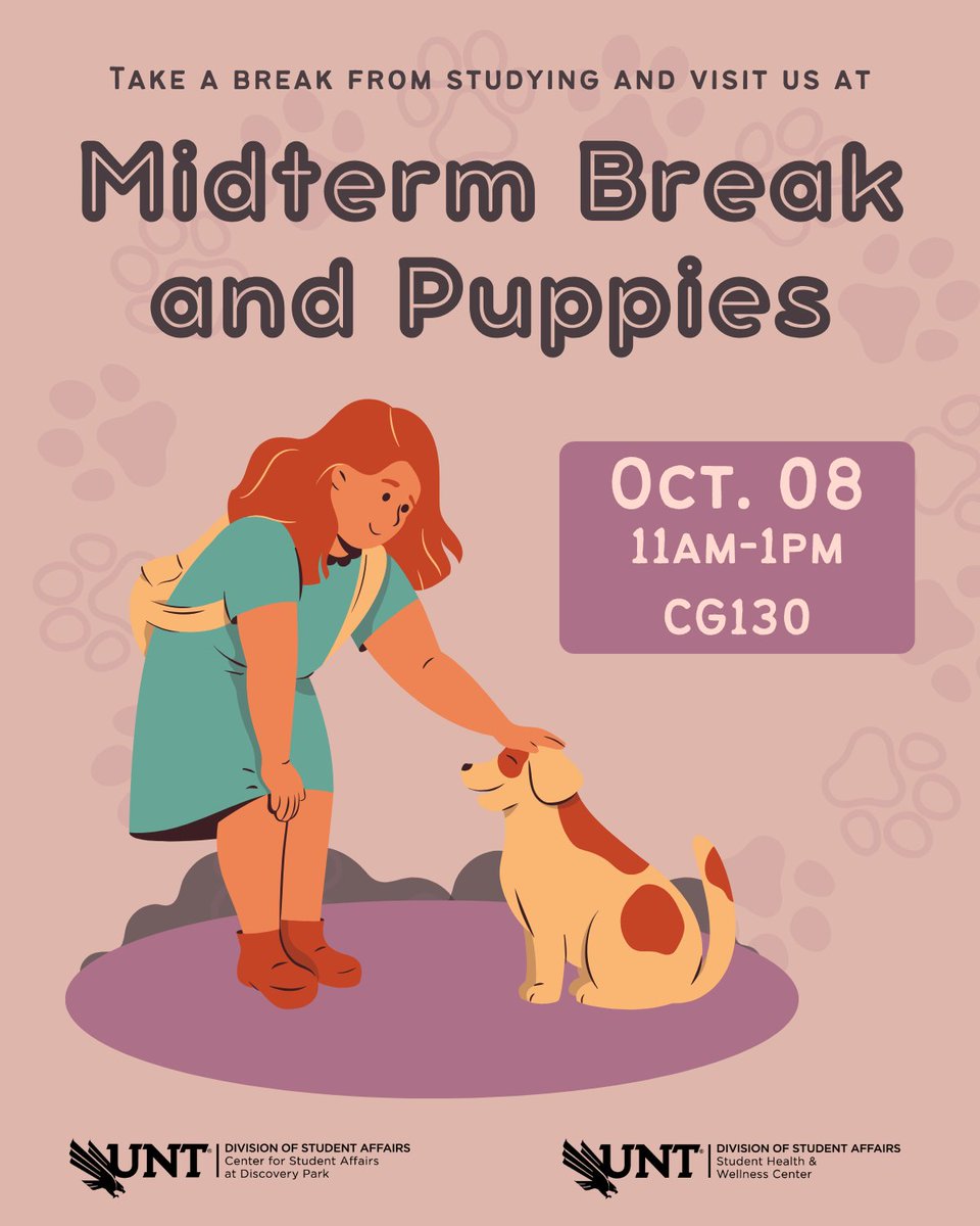 Midterm season is here again!! Take a break from studying to grab some snacks and give a few pats to some puppies to help you fully focus on your exams!

🗓️ October 8th
⏰ 11am - 1pm
📍 CG130

#UNT #UniversityofNorthTexas #DiscoveryPark