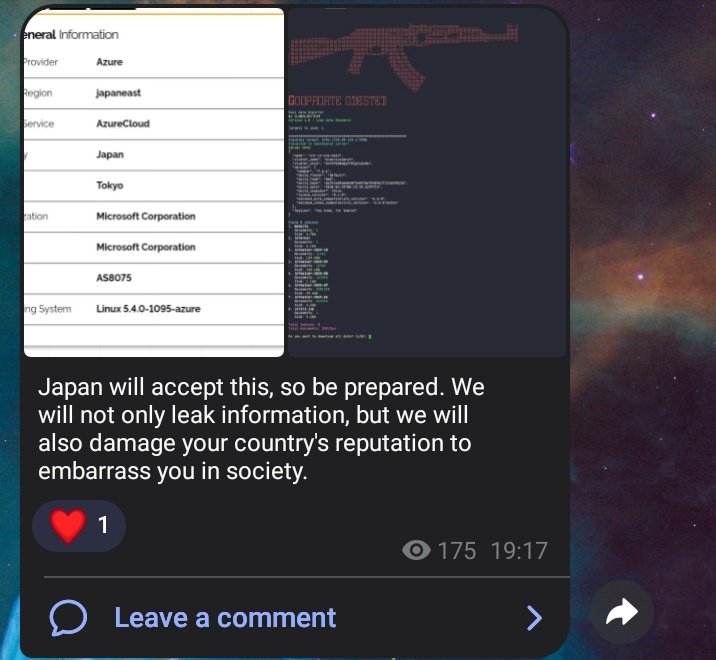 copserverlow's tweet image. Japan will accept this, so be prepared. We will not only leak information, but we will also damage your country&apos;s reputation to embarrass you in society.

#OpJapan #FuckEastwood #TimeOfRetribution #WeWillBeBack #HackForHumanity #CLOBELSECTEAM #cyberattack