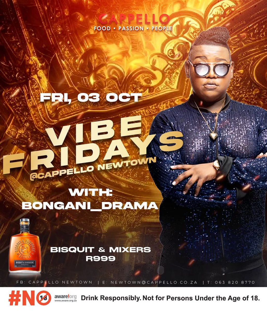 🔥 Vibes on Friday. Catch <a href="/bongani_drama/">Bongani_Drama™ (Magister Technologiae)</a> at Cappello Newtown. Good music, good people, good energy. 🥂✨

🍾Todays Deal: Bisquit &amp; Mixers – R999

#Food #Sips #Friends #Music 
#VibeFriday #Fridays #JHB  
#Bisquit #BonganiDrama
#Cappello #Newtown
#FoodPassionPeople