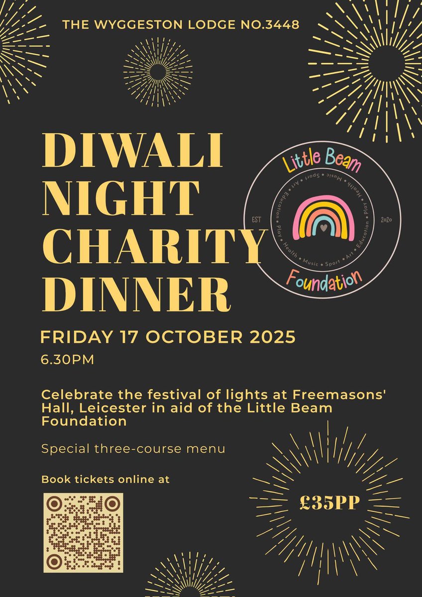 🎉 Diwali Night Charity Dinner 🎉
✨ Hosted in the Historic Freemasons’ Hall ✨
Open to all – friends, family &amp; the Freemasonry-curious!

Join us for a vibrant evening with amazing food, great vibes, and a charitable cause!

Book here: forms.gle/LX3uPrFSfNAwdr…