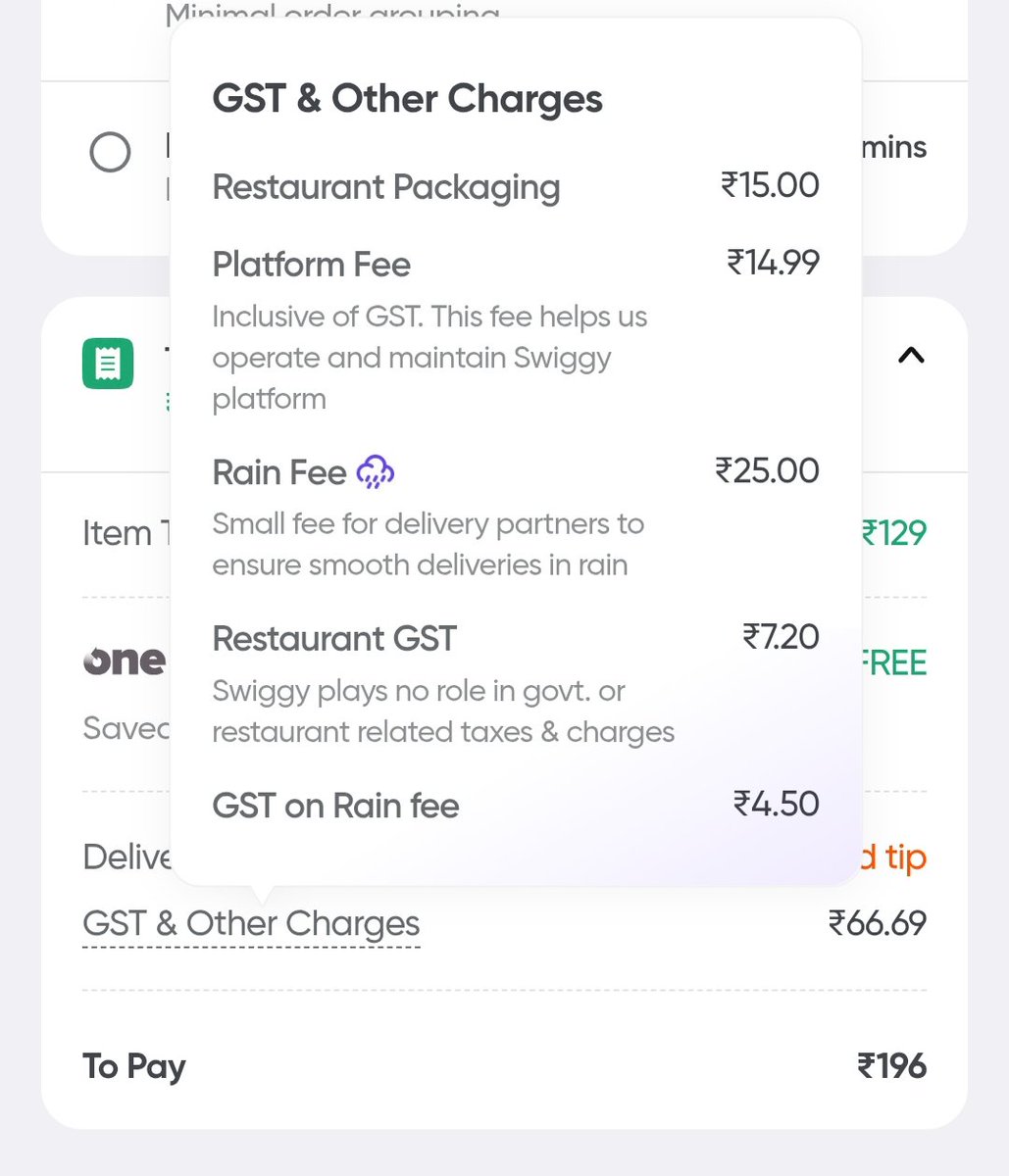 shutterbugnair's tweet photo. @Swiggy please explain ur logic.For ordering an item that costs me 129(which is already inflated rate) I need to pay tax and other charges that are more than 50% of item cost! 😄 And to top it, a rain charge, with GST on that when there is no rain! @jagograhakjago check this out https://t.co/fSXW52Tgxj