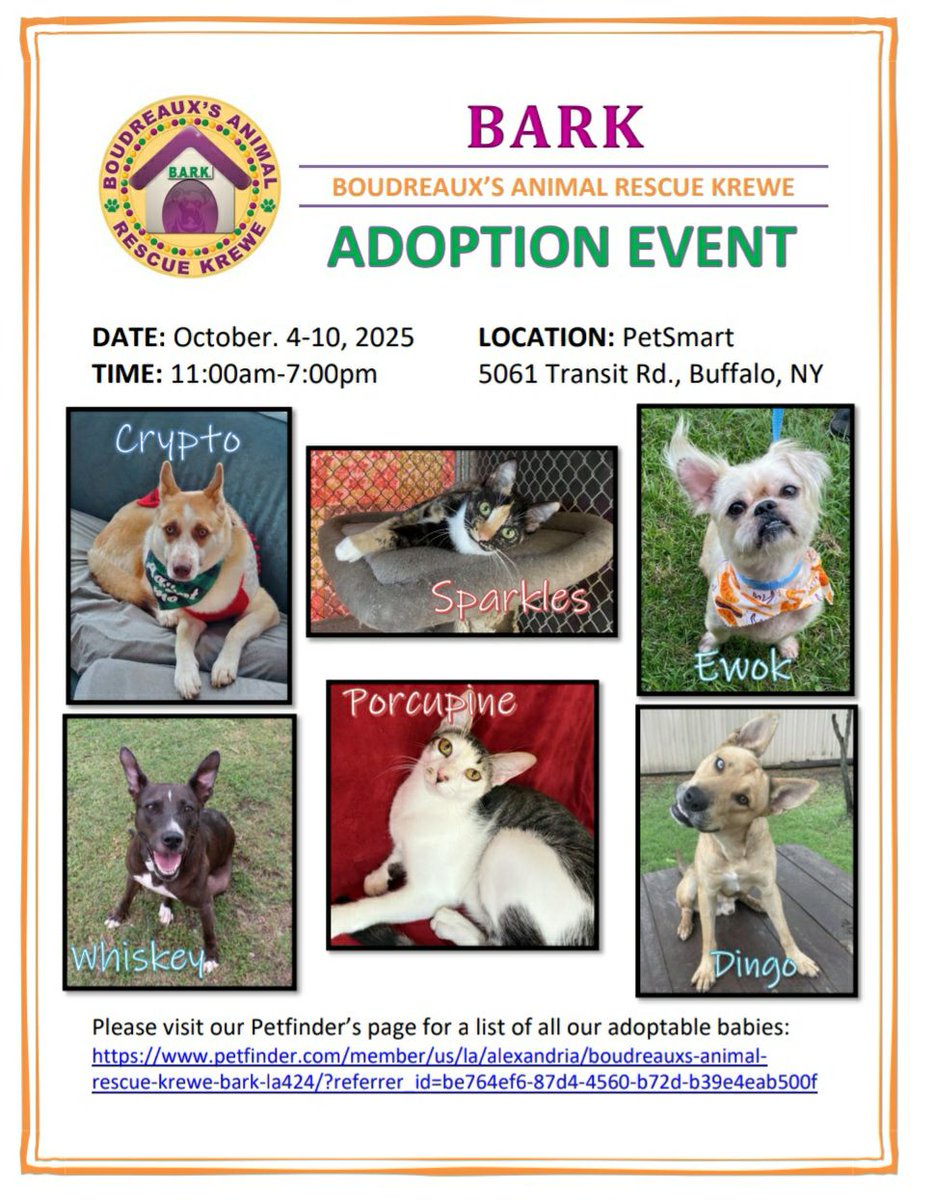 THINGS WE LOVE! Helping dogs/cats who need a home! Join Boudreaux's Animal Rescue Krewe this weekend at PetSmart, located at 5061 Transit Road, for their annual adoption event. Cuddle up with a new friend this season facebook.com/share/v/1CAZWp…