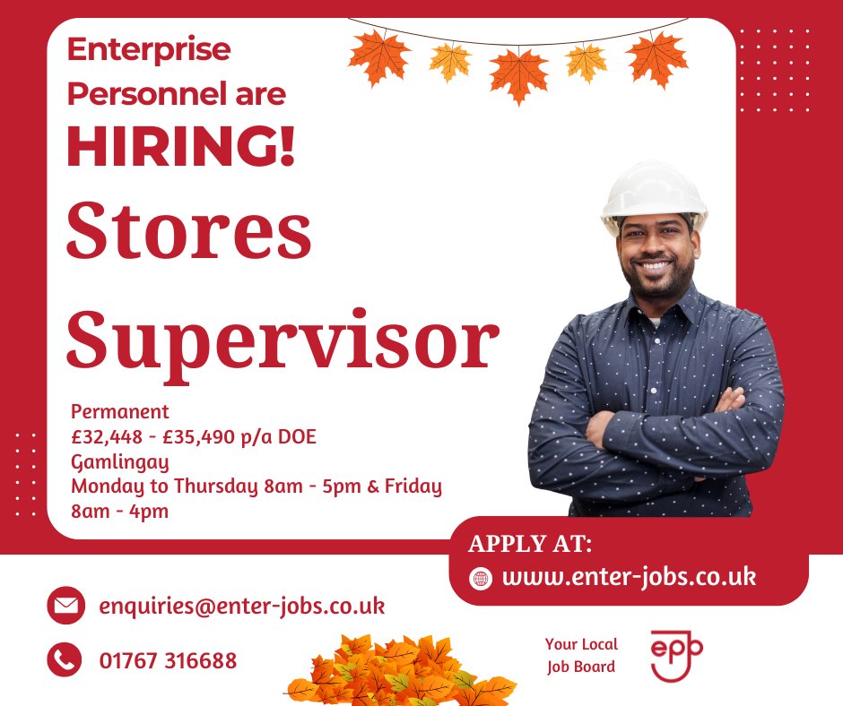 EnterJobs's tweet image. Enterprise Personnel&apos;s client are recruiting a Stores Supervisor in Gamlingay.
Apply now via our website! 

#StoreSupervisor #supervisorjobs #FactoryManagement #foodfactory #foodindustry #foodwarehouse #warehousemanagement #ManagementJobs #WarehouseJobs #gamlingay #cambridgeshire