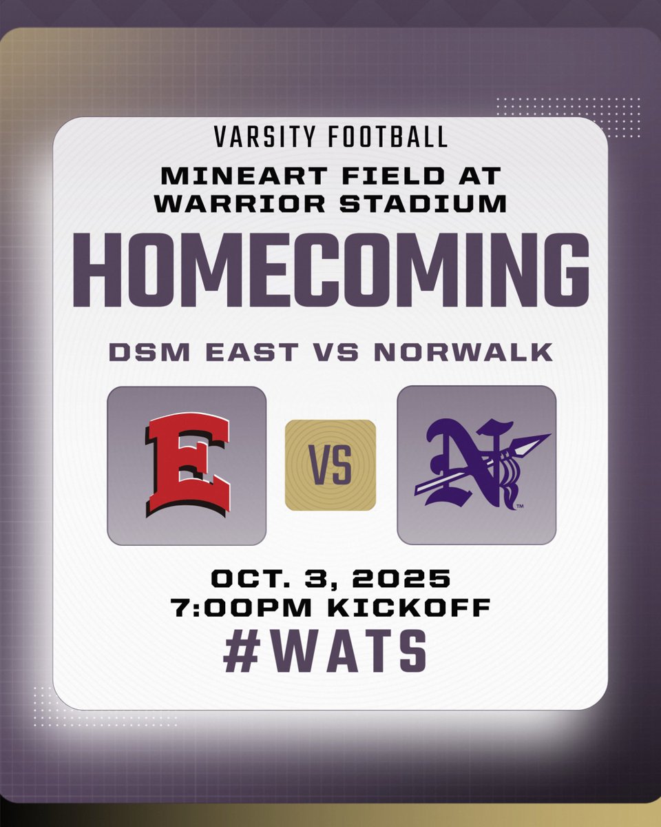 Coming Home
🆚 Des Moines East
📍 Mineart Field - Warrior Stadium
🕗 7:00pm
🎟️ gobound.com/ia/schools/nor…
📺 fan.hudl.com/usa/ia/norwalk…

#WATS