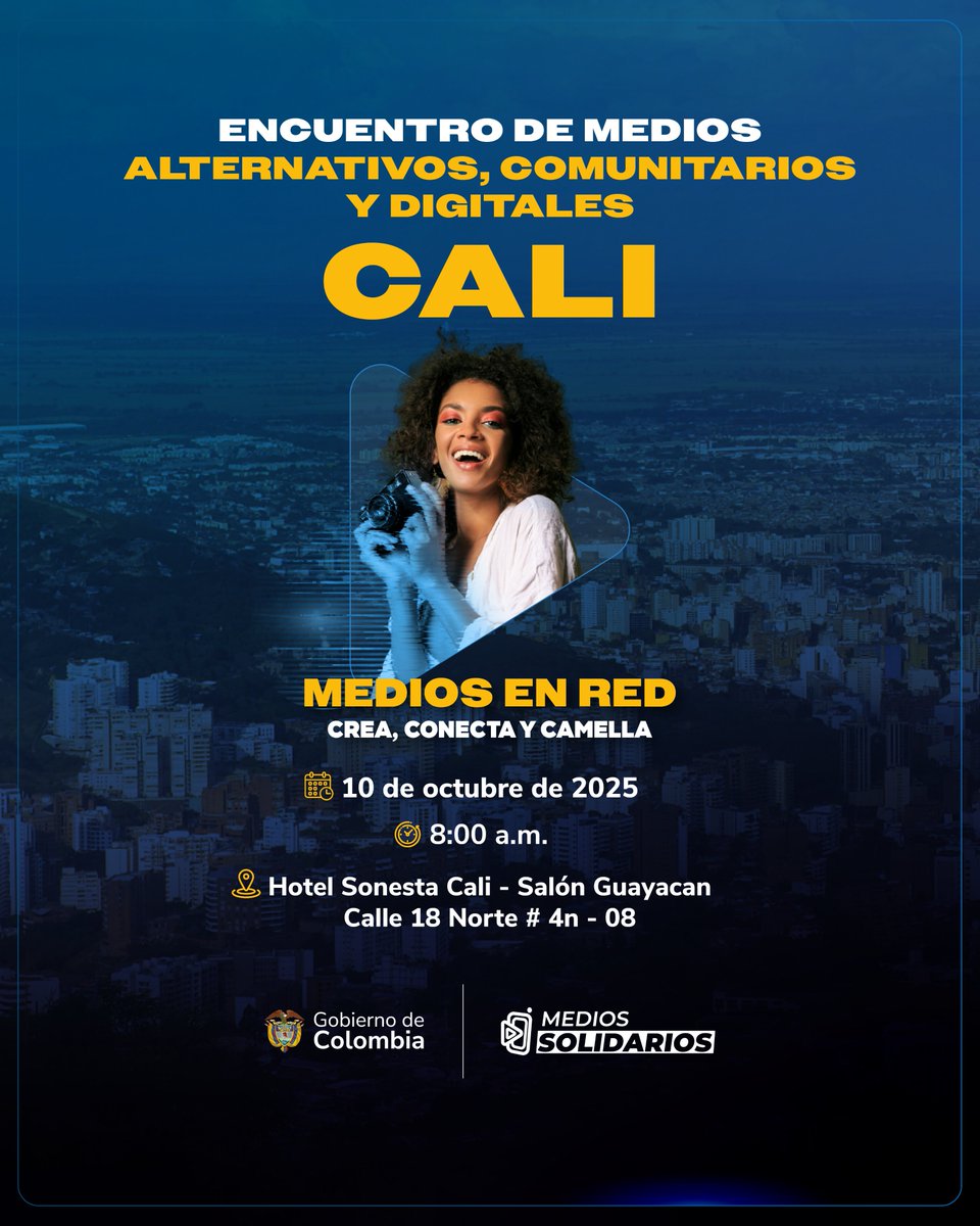 canaltelecafe's tweet image. Atención Cali, Valle del Cauca y Pacífico colombiano 🫶🏽
Encuentro de medios alternativos, comunitarios y digitales
🗓 10 de octubre de 2025 · ⏰ 8:00 a.m.
📍 Hotel Sonesta Cali — Salón Guayacán (Calle 18 Norte #4N-08)