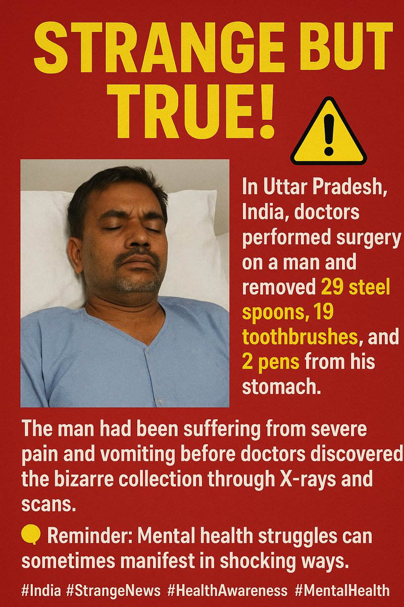 Ibnbazo's tweet photo. 1/ 🤯 You won’t believe what doctors found inside this man’s stomach in India…
During surgery in Uttar Pradesh, they removed:
👉 29 steel spoons
👉 19 toothbrushes
👉 2 pens
#India Damian wan #FirstAtSportsxE1Lagos #Nissi Faith #chatterthatcounts Sweetie Nigeria plantain https://t.co/XhsCwARZlm