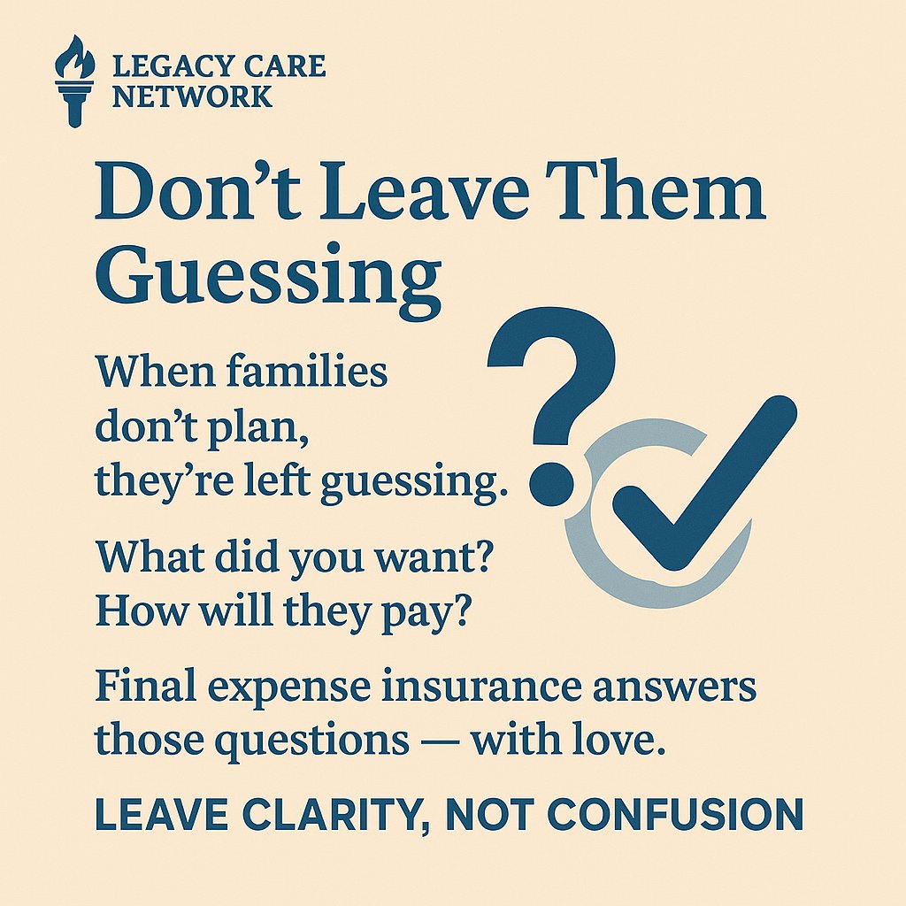 lagacynetwork's tweet image. Don’t Leave Them Guessing

When families don’t plan, they’re left guessing.
What did you want? How will they pay?
Final expense insurance answers those questions — with love.
#LegacyCareNetwork #NoGuessing #PlanWithClarity #PeaceOfMind