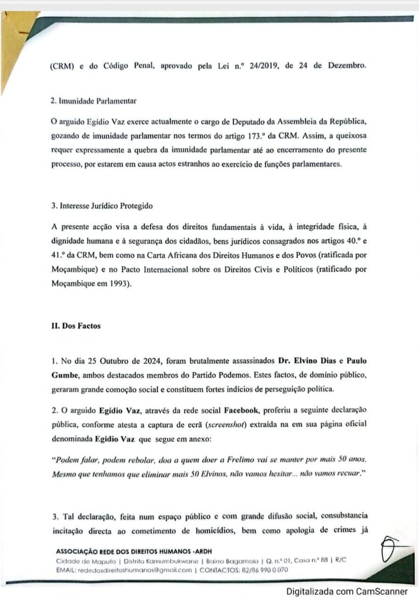 Muianga's tweet image. 🚨 Queixa-crime contra Egídio Vaz 🚨

A Associação Rede dos Direitos Humanos #ARDH apresentou uma queixa-crime pública contra o deputado Egídio G. Vaz Rapouso, acusando-o de incitamento ao ódio, apologia de homicídio e perseguição política após declarações polémicas feitas no