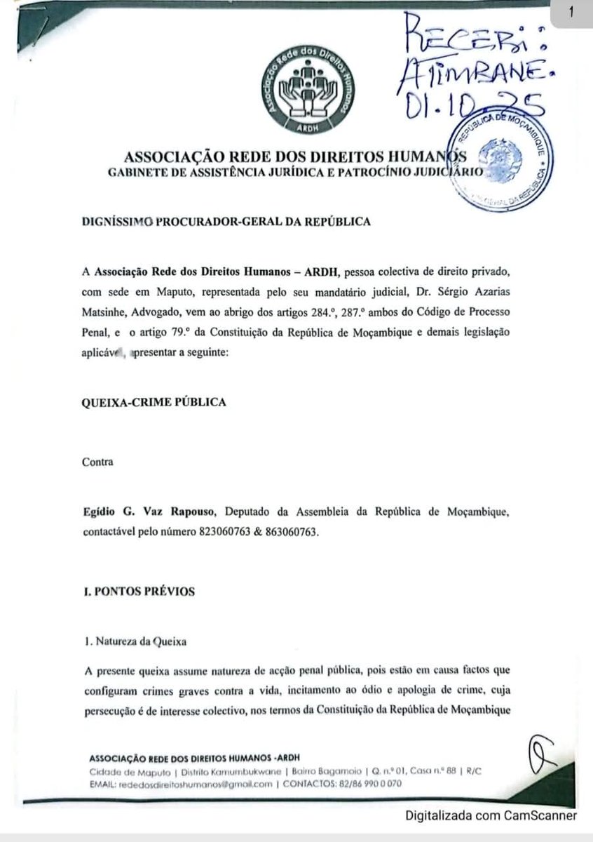 Muianga's tweet image. 🚨 Queixa-crime contra Egídio Vaz 🚨

A Associação Rede dos Direitos Humanos #ARDH apresentou uma queixa-crime pública contra o deputado Egídio G. Vaz Rapouso, acusando-o de incitamento ao ódio, apologia de homicídio e perseguição política após declarações polémicas feitas no