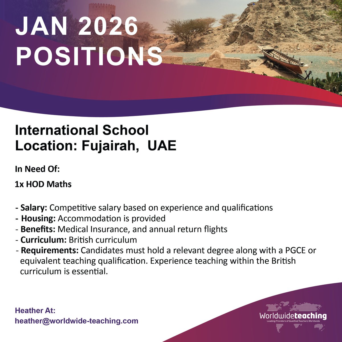 Worldwide_Teach's tweet photo. 📣 NEW TEACHING OPPORTUNITY – UAE | JAN 2026 START

📩 Interested or know someone perfect for the role?
Contact Heather: heather@worldwide-teaching.com

#TeachingJobs #MathsHOD #EducationJobs #UAEJobs #InternationalTeaching #BritishCurriculum #TeachAbroad #FujairahJobs https://t.co/3ElrZ6VanA