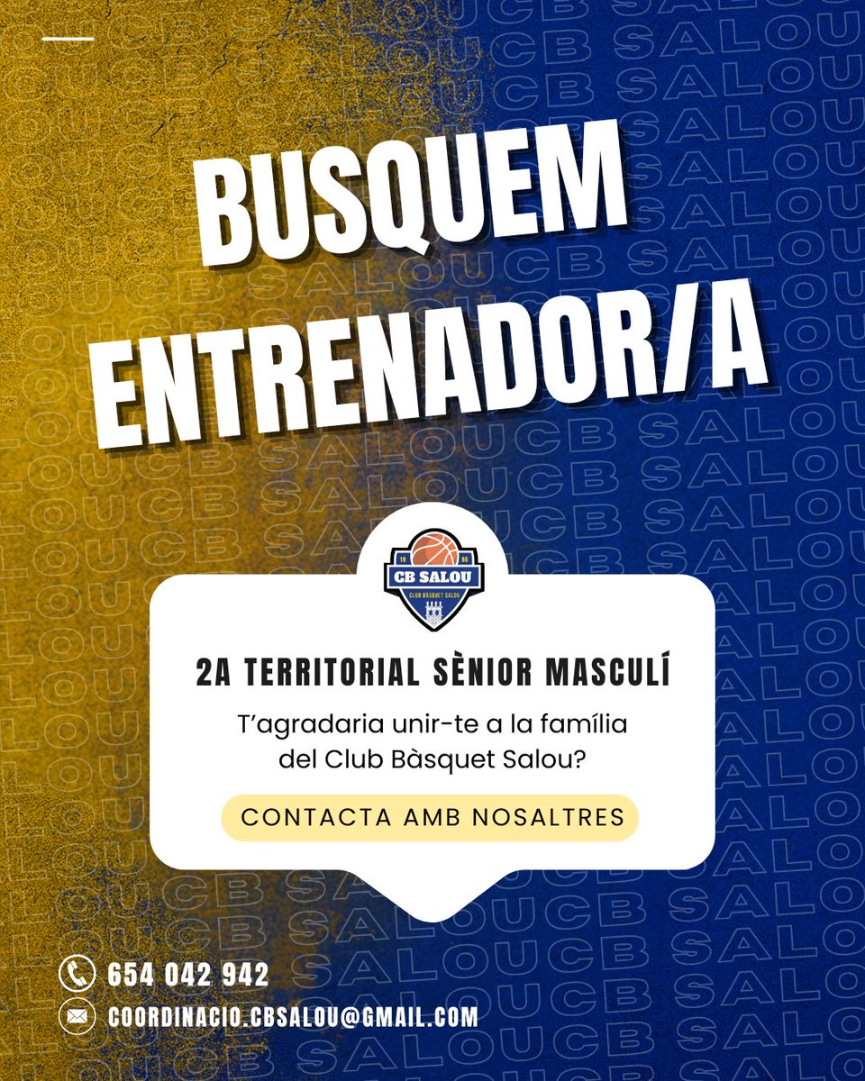 🏀💥 “Busquem coach amb ganes de donar-ho tot!

El Sènior Masculí de 2a Territorial del CB Salou necessita un/a líder a la banqueta!

Vols formar part de la família blava-i-groga? 💛💙

📩 Contacta amb nosaltres i fes el pas!
👉 coordincacio.cbsalou@gmail.com

📞 654 042 942