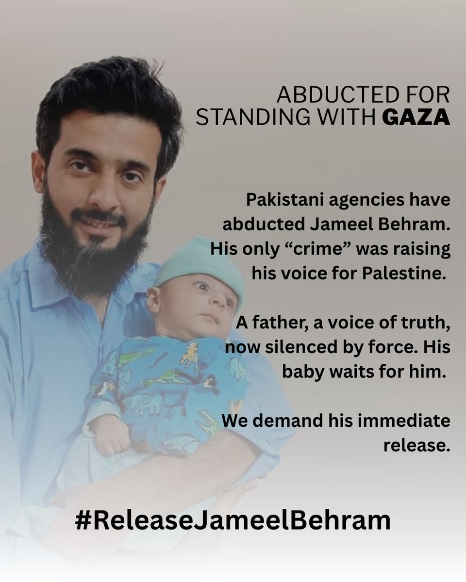 Ovaiz133's tweet photo. Jameel Behram’s only crime was speaking for Palestine. For that, he was abducted by our agencies. 

His child still waits at the door for his father’s return.

#ReleaseJameelBehram https://t.co/AhNyfcF7q3