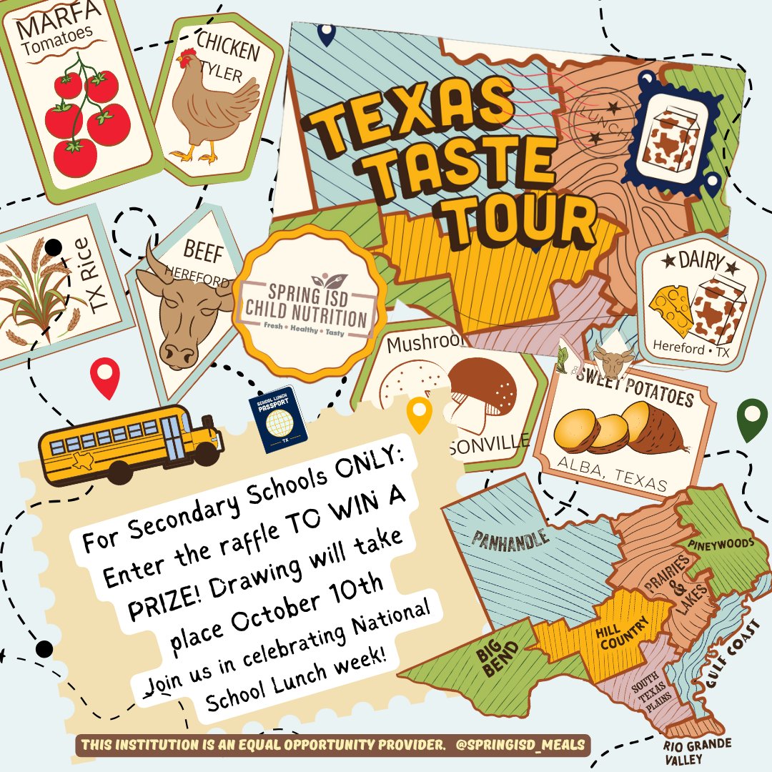 SpringISD_Meals's tweet image. Calling all travelers! From Oct 6-10, we’re launching National School Lunch Week! Get ready for a week of tasty meals that will take your taste buds on a journey. Elementary students, show us your traveling talents! #TexasTasteTour25 #NSLW25 @TexasDeptofAg @Springisd