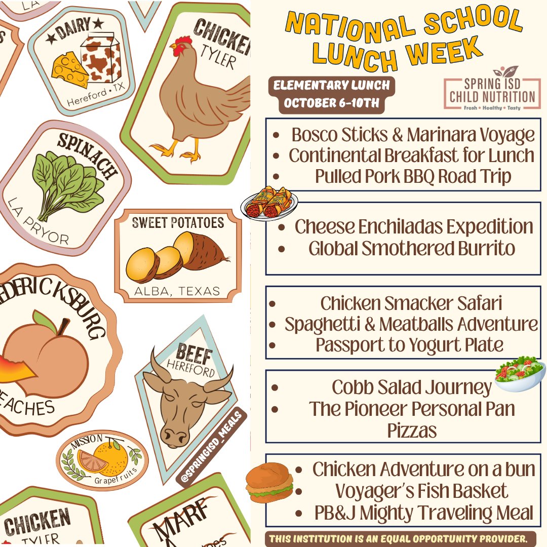 SpringISD_Meals's tweet image. Calling all travelers! From Oct 6-10, we’re launching National School Lunch Week! Get ready for a week of tasty meals that will take your taste buds on a journey. Elementary students, show us your traveling talents! #TexasTasteTour25 #NSLW25 @TexasDeptofAg @Springisd