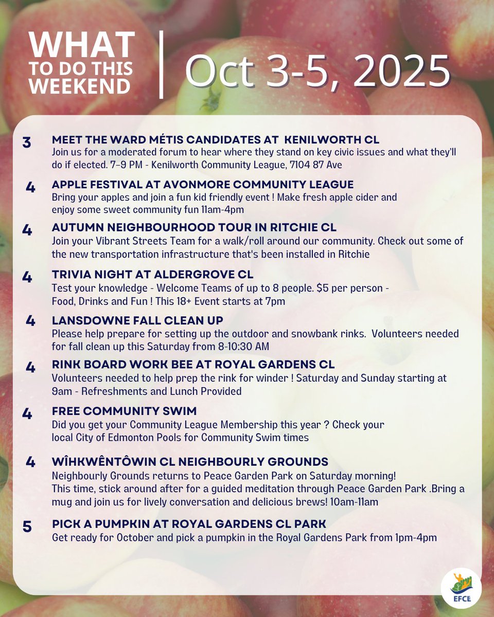 Edmonton Federation of Community Leagues (@efcl) on Twitter photo Its finally October !! Which means All things Apple Cinnamon and Pumpkin Spice Lattes and Sweater Weather !!! Check out our listings of WHAT TO DO THIS WEEKEND !!
@Kenilworth Its finally October !! Which means All things Apple Cinnamon and Pumpkin Spice Lattes and Sweater Weather !!! Check out our listings of WHAT TO DO THIS WEEKEND !!
@Kenilworth