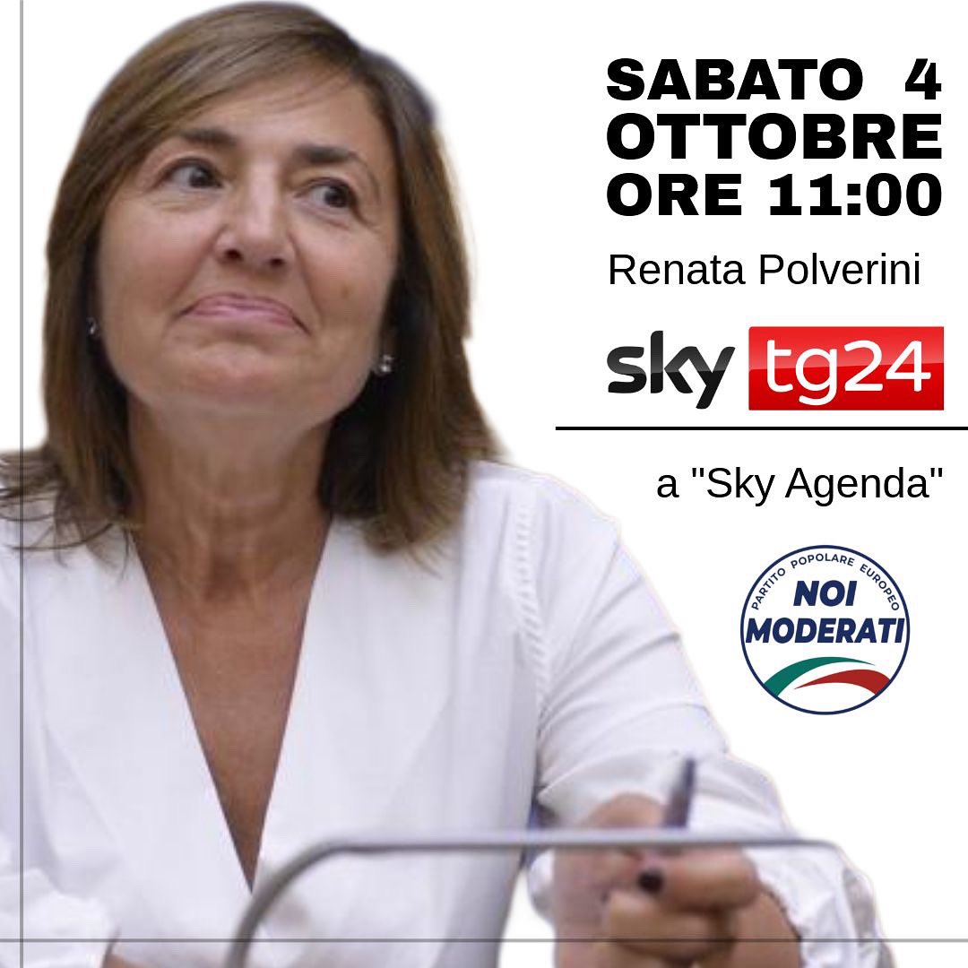 Renata Polverini (@renatapolverini) on Twitter photo Sabato 4 ottobre alle 11.00 vi aspetto su @skytg24 a "Sky Agenda" @noimoderati_official Sabato 4 ottobre alle 11.00 vi aspetto su @skytg24 a "Sky Agenda" @noimoderati_official