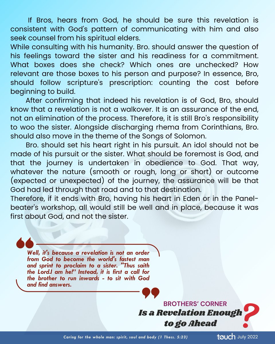 📖 Touch Magazine (2022)
❓Is a revelation enough to propose?
A vision or dream about a sister—should a brother act on it, or first seek God’s confirmation and counsel?
👉 From Brothers’ Corner, Touch Mag (July 2022)
✍🏽 ABUTH Chapter 
<a href="/cmdanigeria/">CMDA Nigeria</a> @cmdanigeriaabuth 
#cmdanigeria