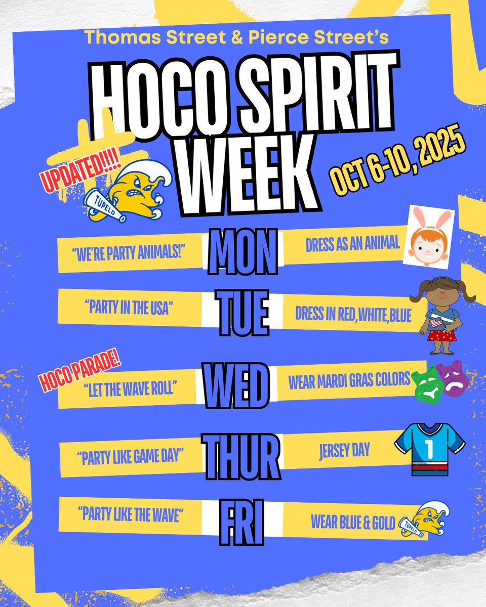 Here are our homecoming dress up days next week!!!💙💛🌊