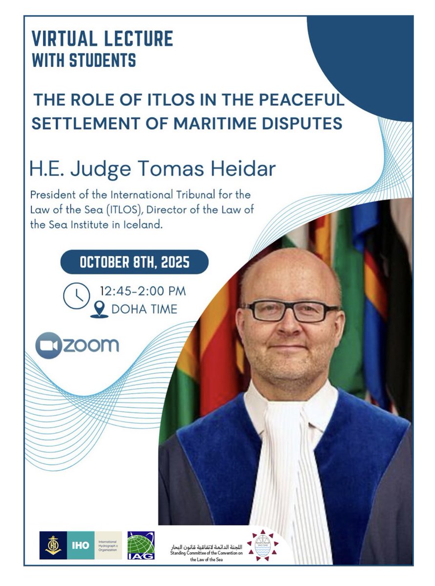 Join us online 👨🏽‍🏫👩🏻‍🏫 with HE Judge Tomas Heidar  

🎬 The Role of ITLOS in the Peaceful Settlement of Maritime Disputes

🔗 Register @ bit.ly/42ip1g0 

A unique opportunity to gain first-hand insights into the work of ITLOS and its vital contribution to peace and