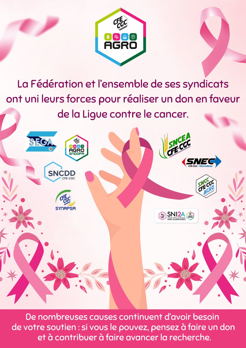 🎀 En ce mois d’#OctobreRose, la Fédération CFE-CGC Agro et l’ensemble de ses syndicats affiliés se sont mobilisés ensemble pour soutenir la Ligue contre le #cancer à travers un don collectif.

Si vous le pouvez, n’hésitez pas vous aussi à apporter votre pierre à l’édifice 🤍