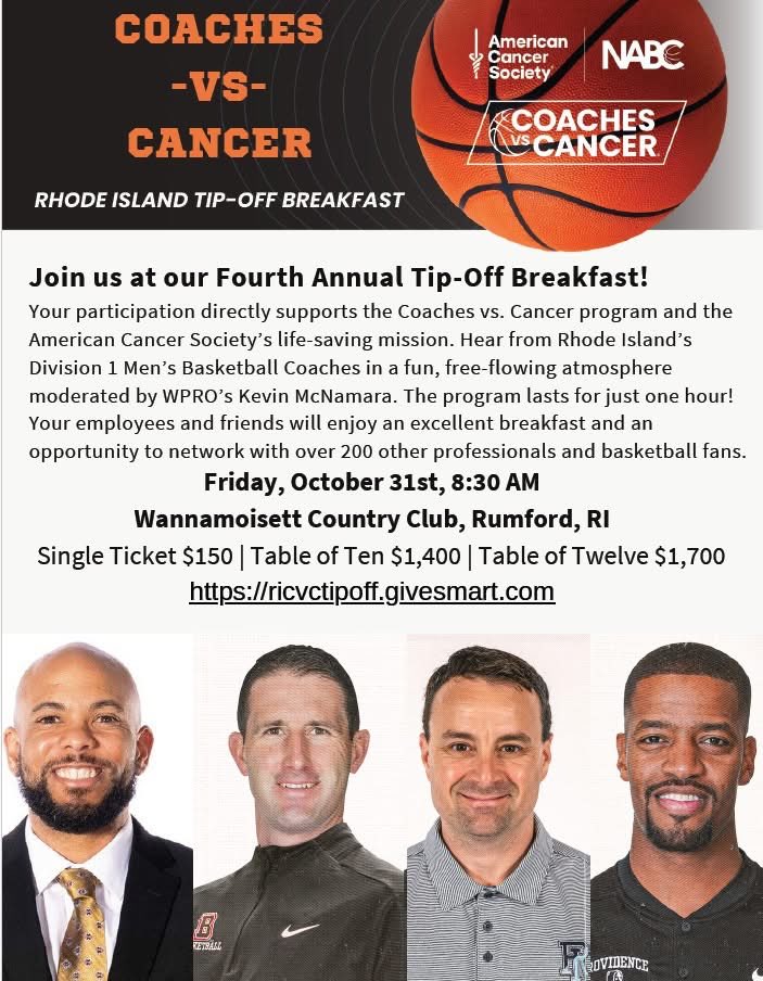 Limited tickets/tables still available.  Please join us for the RI Tip Off Breakfast on Oct 31st.  No tricks all treats from this group of coaches!

<a href="/AmericanCancer/">American Cancer Society</a> <a href="/CoachesvsCancer/">Coaches vs. Cancer</a> <a href="/BrownU_MBB/">Brown Men's Basketball</a>