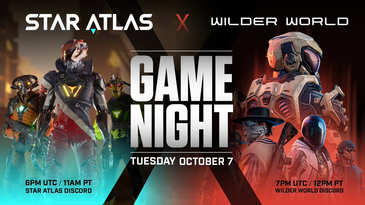 Star Atlas Community (@wearestaratlas) on Twitter photo Team up with @StarAtlas & <a href="/WilderWorld/">Wilder World</a> for back-to-back chaos on Oct 7! 🎮
- 6 PM UTC Star Atlas Discord 🚀
- 7 PM UTC Wilder World Discord ⚔️
Prizes: $350 WILD tokens, $500 SA assets, limited access keys! 🏆
Join us 👇
discord.gg/staratlas
discord.gg/WilderWorld Team up with @StarAtlas & <a href="/WilderWorld/">Wilder World</a> for back-to-back chaos on Oct 7! 🎮
- 6 PM UTC Star Atlas Discord 🚀
- 7 PM UTC Wilder World Discord ⚔️
Prizes: $350 WILD tokens, $500 SA assets, limited access keys! 🏆
Join us 👇
discord.gg/staratlas
discord.gg/WilderWorld