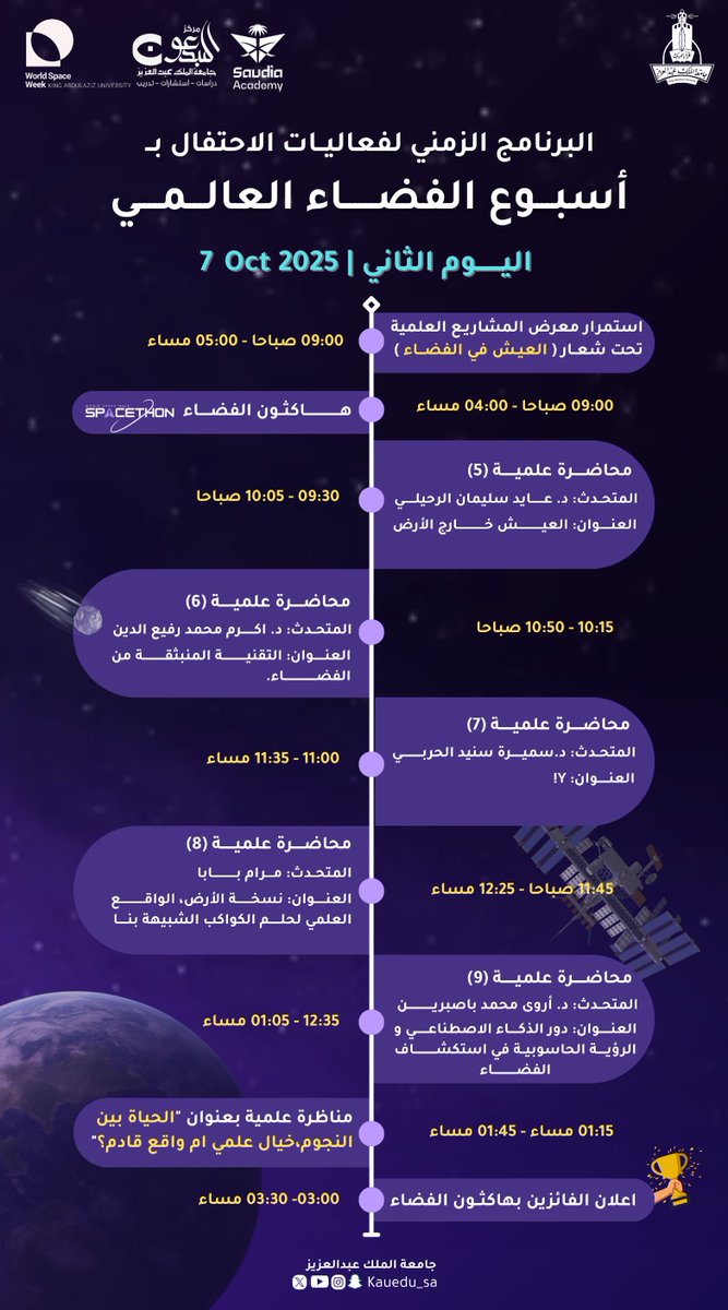 KAU_Events's tweet image. أجندة #أسبوع_الفضاء_العالمي باتت بين أيديكم!
تعرّفوا على برنامج الفعاليات خلال الفترة 6-7 أكتوبر 2025، واستعدّوا لمغامرة تحمل في طيّاتها المعرفة والدهشة، وتسافرُ بكم في رحلة بين الأرض والفضاء، حيث يلتقي الشغف بالاكتشاف، والطموح بالمستقبل. 🪐
#جامعة_الملك_عبدالعزيز…