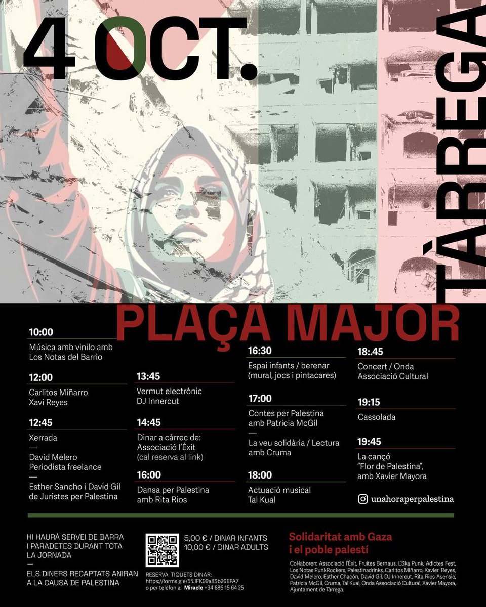 elRostoll's tweet photo. 📢 Jornada Solidària amb Palestina
Demà a la Plaça Major #Tàrrega. Tallers, xerrades, música i activitats per a totes les edats. Tot el que recaptem anirà destinat a la causa palestina 🇵🇸

Vine, participa i dona suport a Gaza i al poble palestí!

 Organitza: @unahoraxpalestina https://t.co/rkd7g7aR0k