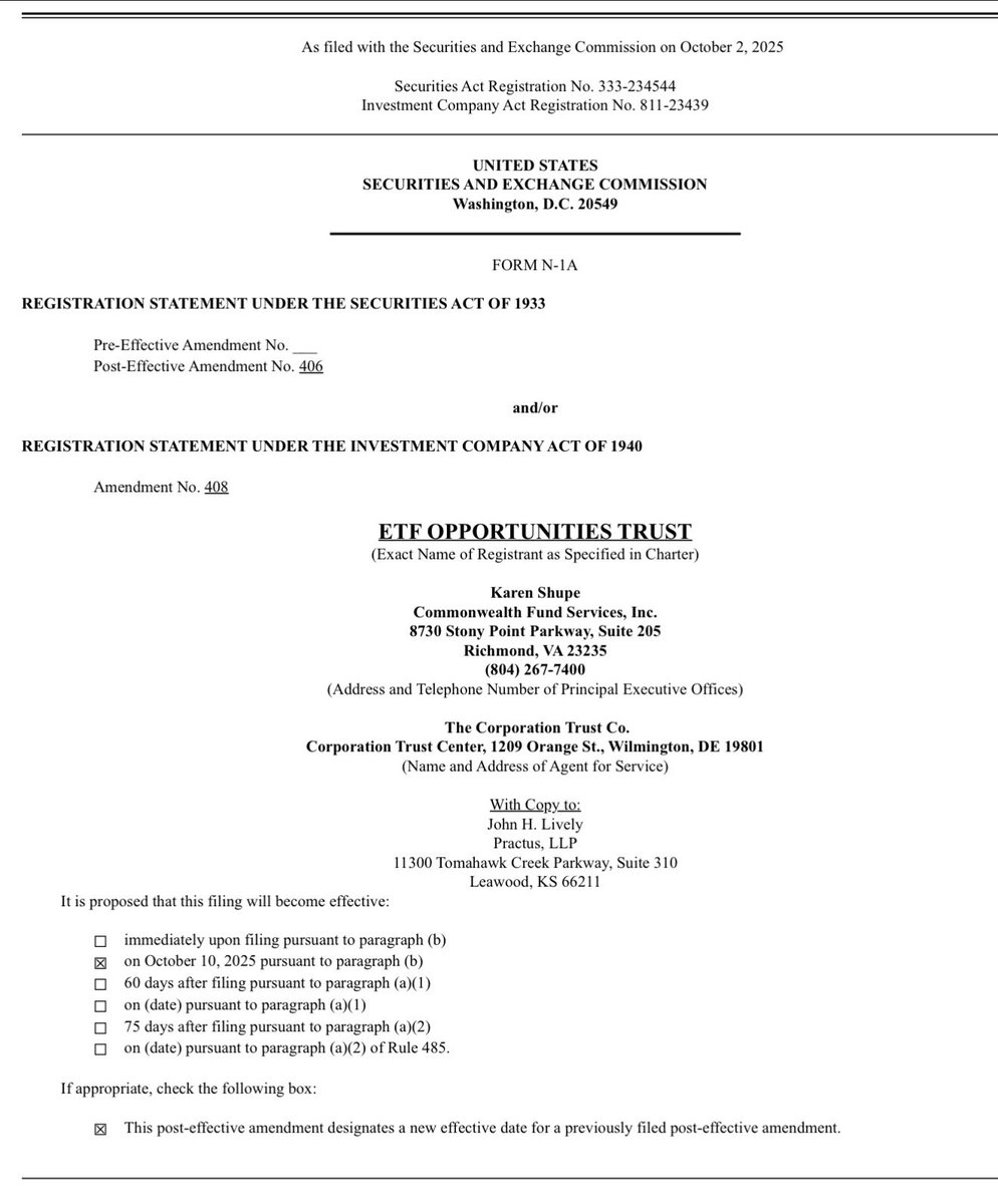 ETF Opportunities Trust Delays to oct 10th 2X Long ETFs to Oct 10, 2025,  for XRP, Solana, Trump, Litecoin, Melania, Bonk, BNB, Cardano, Chainlink,  Polkadot, Ethereum https://t.co/5WaBztloWx