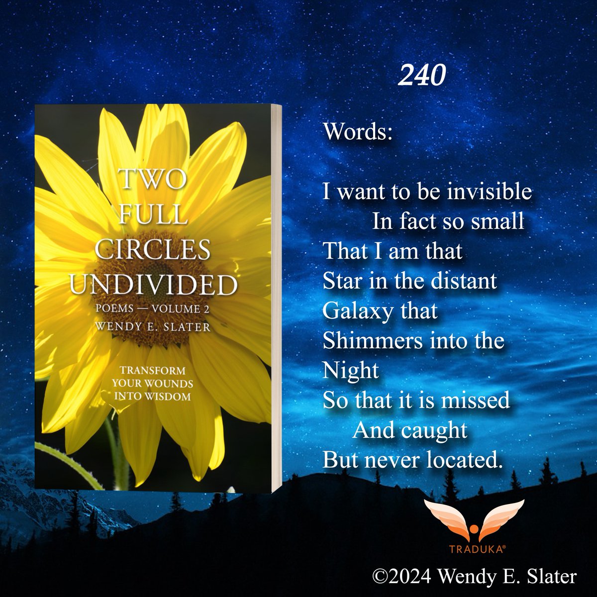 ⭐ ⭐ ⭐ ⭐ ⭐ #bookreview:
"It's Christmas finding a new W. Slater book is out- 
    wake up and read, 
       read at lunch, 
    read in the woods, 
       read with my dog, 
                        by the fire.
Wendy is a poet's poet."

Timeless wisdom for your soul healing.