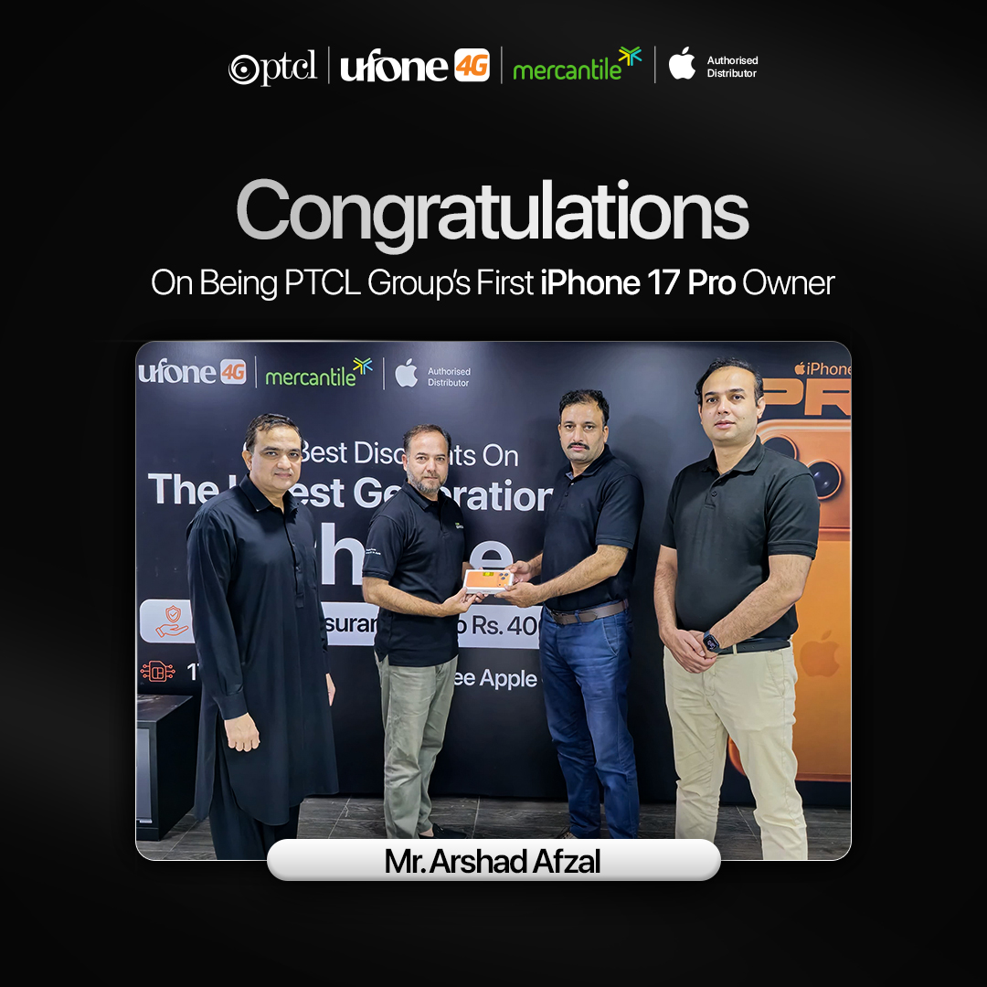 Ufone's tweet photo. Congratulations to Mr. Arshad Afzal on becoming the first customer to purchase the iPhone 17 Pro with PTCL Group’s exclusive discounts &amp; insurance worth Rs. 400,000! 📱

Get yours today with amazing benefits✨

#PTCLGroup #iphone17Pro https://t.co/MHUUjOgVY7