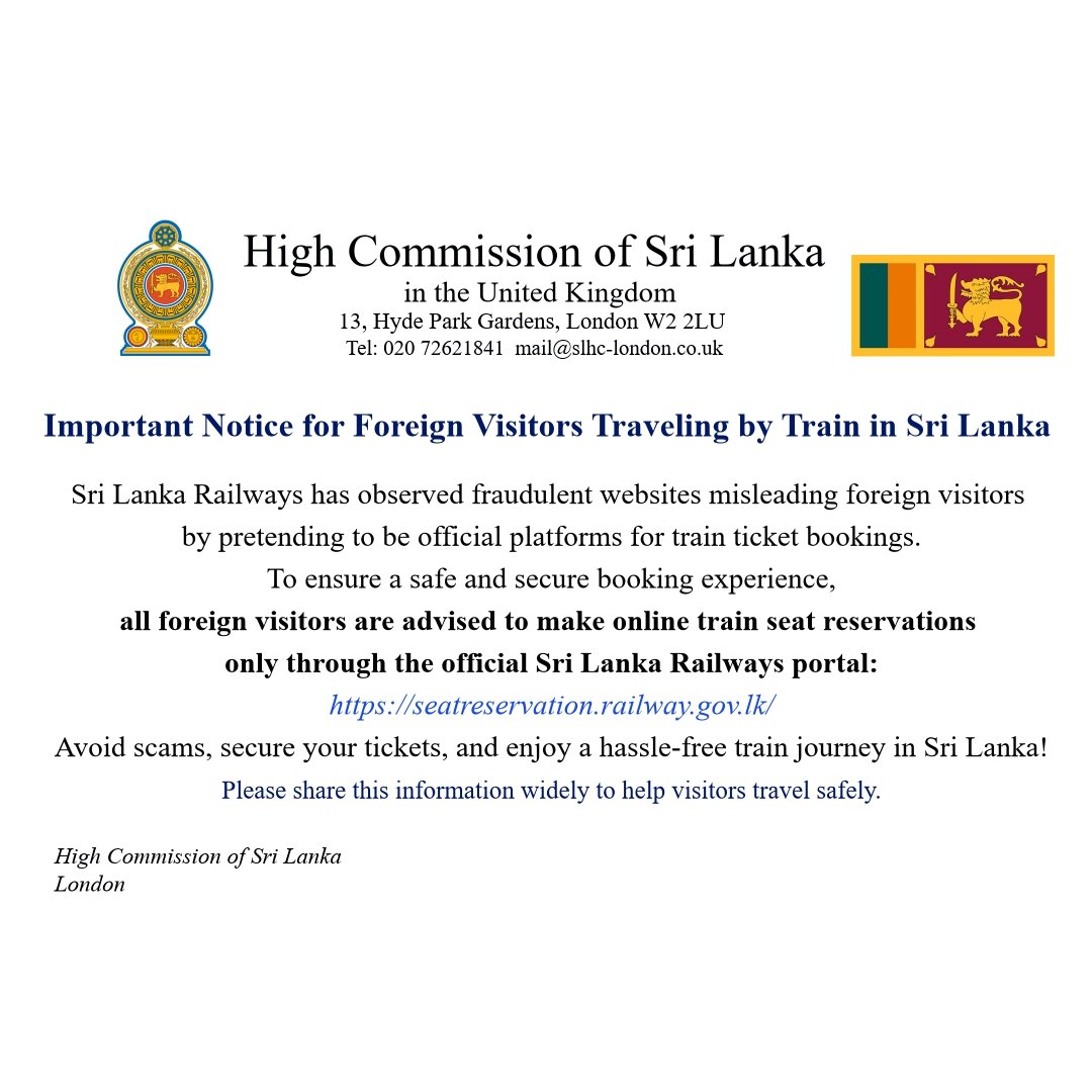 Important Notice for Foreign Visitors Traveling by Train in Sri Lanka!
To ensure a safe and secure booking experience, all foreign visitors are advised to make online train seat reservations only through the official Sri Lanka Railways portal: seatreservation.railway.gov.lk