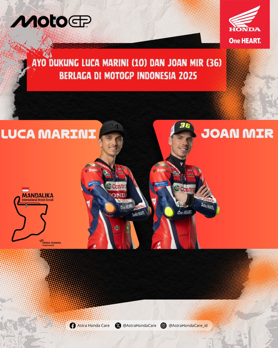 MotoGP 2025 balik lagi ke Mandalika, Lombok! 🔥
Tahun ini, Luca Marini dan Joan Mir siap kasih aksi terbaik bareng Honda di lintasan!

Nah, kalau kamu sendiri BroSis, tim dukungannya siapa nih? 
Drop jawabanmu di kolom komen biar makin rame dukungannya!

#MotoGP2025 #HondaRacing