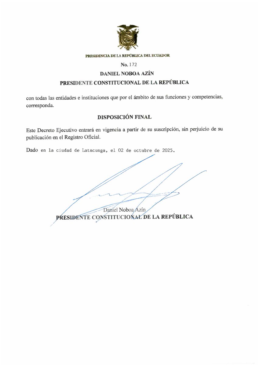 #AHOTECInforma

👉 D.E. 172 de 2.oct.2025, mediante el cual se suspende la jornada laboral del jueves 9 de octubre de 2025, para el sector público y privado; con ello se añade un día al feriado del 10 al 12 de octubre. 

La jornada de trabajo suspendida no será recuperable.