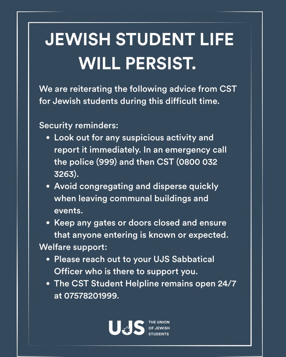UJS_UK's tweet image. Update from the UJS team following yesterday’s attacks. We are working around the clock to support our students, and inspired by the Heaton Park community, Jewish student life will persist.
