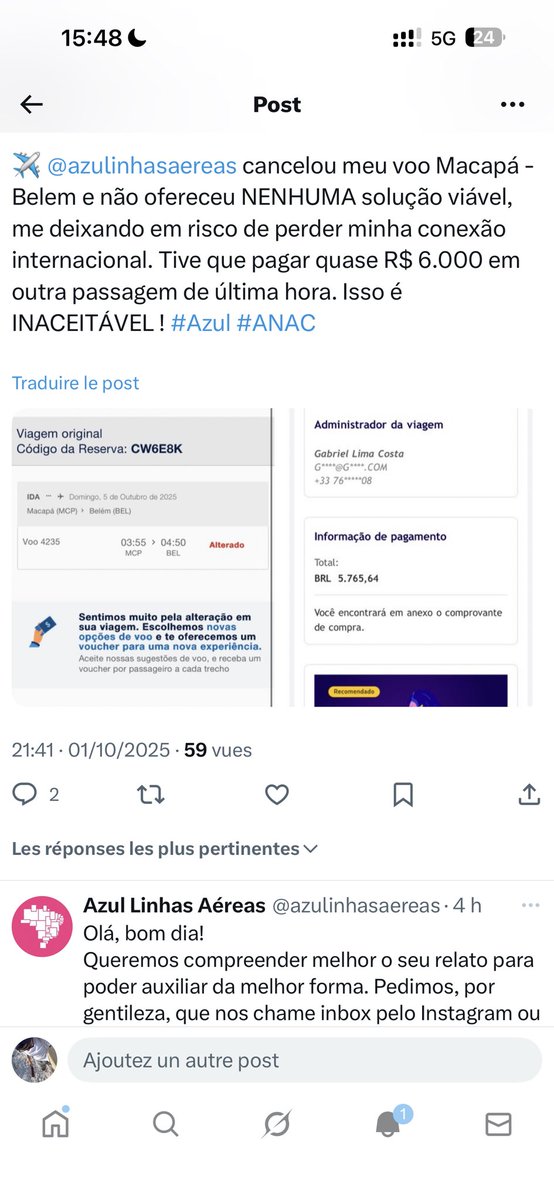 GabrielLi76748's tweet photo. 🧵 @azulinhasaereas: vocês cancelaram/alteraram meu voo Macapá → Belém (escala para conexão internacional) e NÃO ofereceram solução viável. Vou explicar tudo desde o início.👇 https://t.co/GLZwPx7zGn
