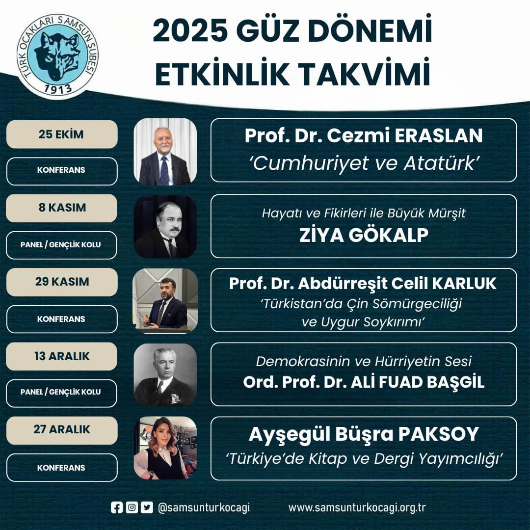 Kıymetli dostlar, Samsun Türk Ocağı 2025 güz dönemi faaliyetlerimize başlıyoruz.
Bu dönemde de birbirinden kıymetli konuklar ve zengin içerikler eşliğinde, siz değerli gönül dostlarımızla bir araya gelmekten büyük mutluluk duyacağız.