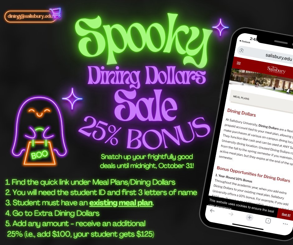 DiningSU's tweet image. No tricks, just treats 🎃✨ Meal plan holders: Add Dining Dollars by midnight Oct. 31 &amp;amp; get a 25% bonus! 💸 #SpookySavings #SUdining