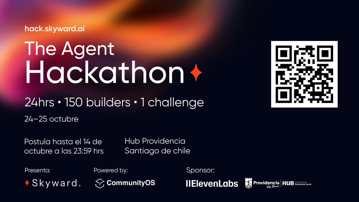 CommunityOS_'s tweet image. 🚀 #TheAgentHackathon!
📍 24–25 octubre · @hubprovidencia
💰 ~ 10K USD a repartir
🗓️ Hasta el 14 de octubre
👉 ow.ly/gUIb50X6aaW
👾 Por @skyward_ai, con el apoyo de @ElevenLabsDevs @elevenlabsio.
#AgenticAI #Builders #chile #InnovaciónTecnológica #HackathonChile