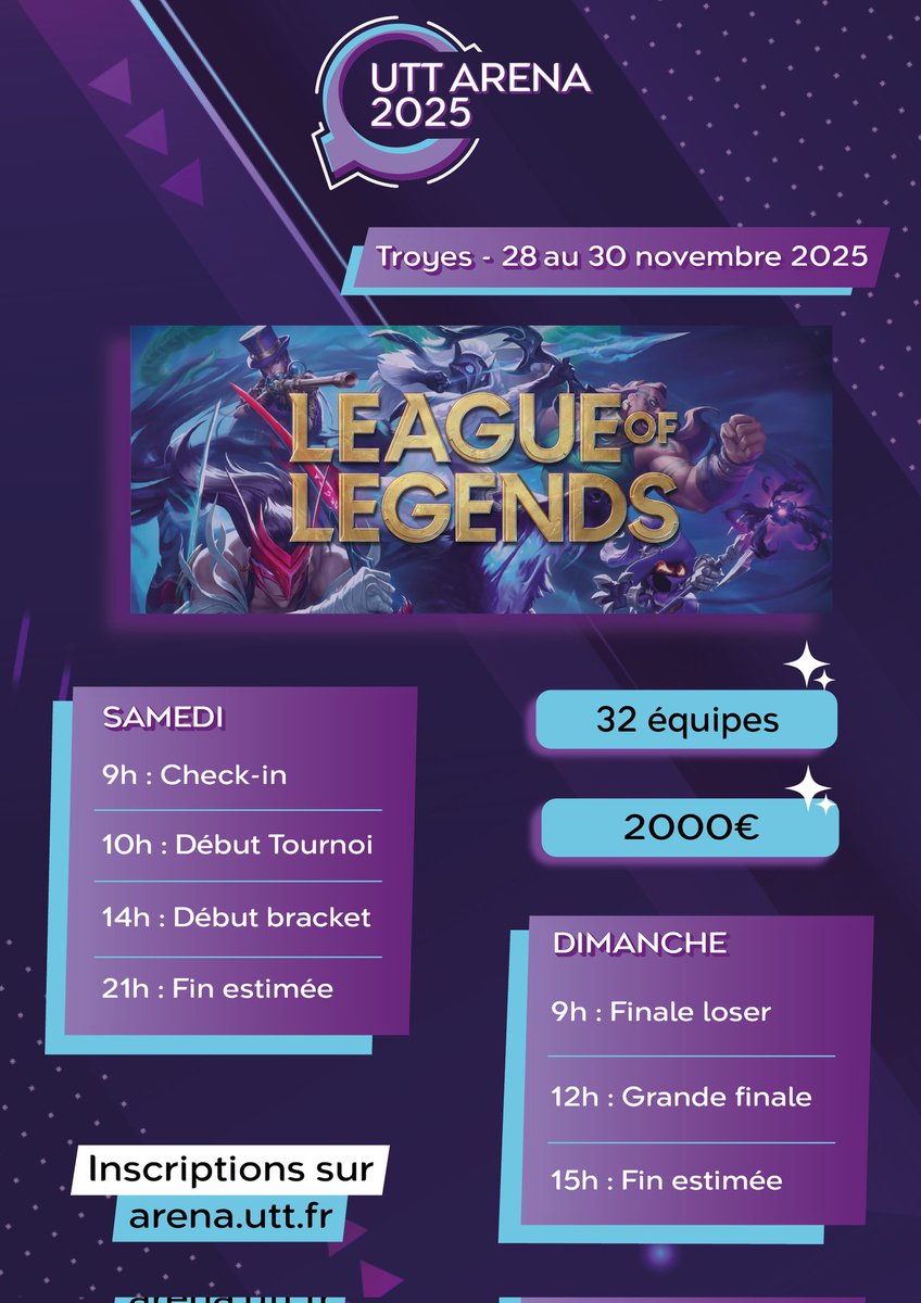 UTTArena's tweet image. 📢  Inscription League of Legends c&apos;est MAINTENANT !  📢 

🎯 Rejoignez le tournoi LoL, et affrontez vos adversaires pour empocher jusqu&apos;à 2000€. 🏆
 
⚠️ Rappel : toute l&apos;équipe doit avoir payé pour que le slot soit réservé.

➡️ Inscrivez-vous vite : arena.utt.fr
