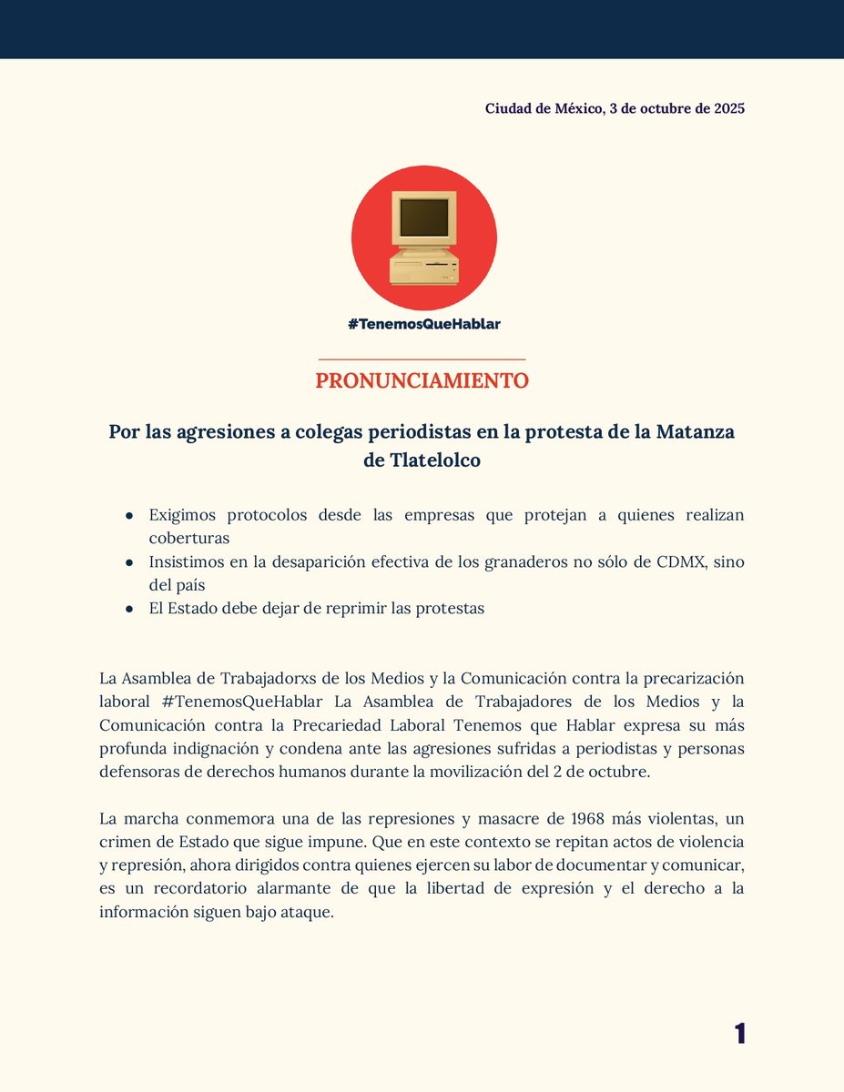 Asamblea_TQH's tweet photo. Pronunciamiento tras la violencia contra colegas periodistas en la protesta del 2 de octubre https://t.co/7HNMsag68P