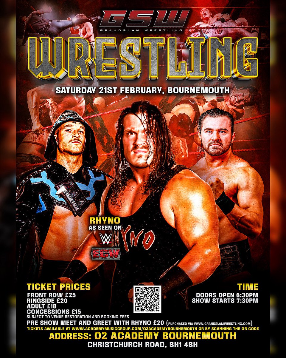 💥 HUGE NEWS! Get ready as GrandSlam Wrestling takes over the Iconic O2 Academy Bournemouth, 21st February. 

WWE and ECW legend Rhyno will be in action, 

🎟️ Tickets 
academymusicgroup.com/o2academybourn…

#Bournemouth #O2academy #Wrestling