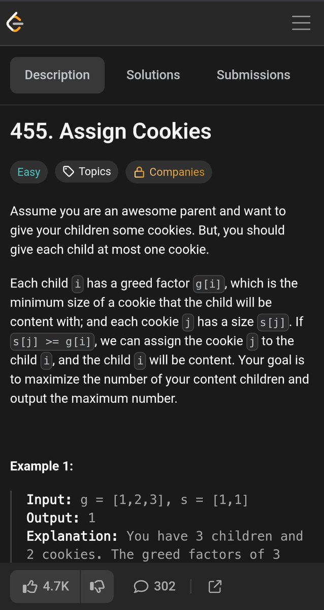 Prysh_07's tweet image. Day 24 โ
- Solved 1 LeetCode Problems
> 455 -> Assign Cookies
Coded on my phone while on the train ๐๐ป Keeping the consistency alive โ no excuses, just progress.
#CodeOnTheGo #travel #LeetCode #GFG