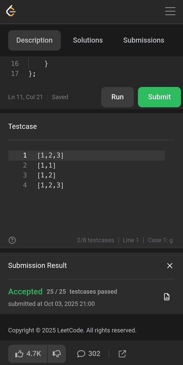 Prysh_07's tweet image. Day 24 โ
- Solved 1 LeetCode Problems
> 455 -> Assign Cookies
Coded on my phone while on the train ๐๐ป Keeping the consistency alive โ no excuses, just progress.
#CodeOnTheGo #travel #LeetCode #GFG