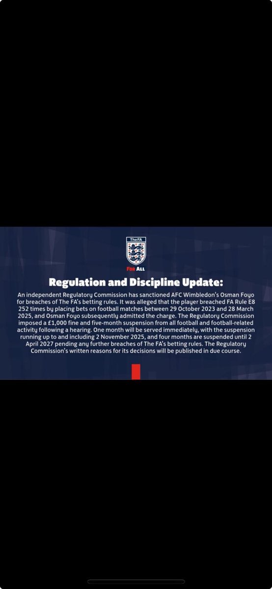 Foyo suspended until 2nd November and a £1000 fine.

Lucky boy, hopefully he has learnt from this and we’ve done all we can to offer support.