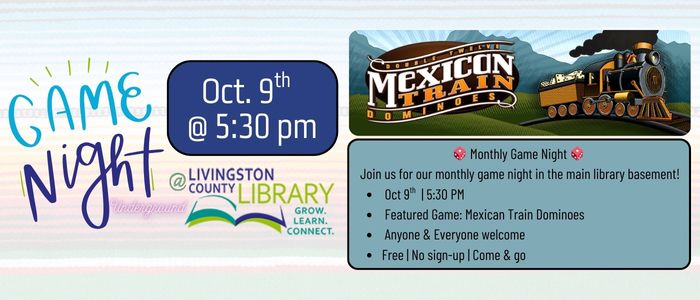LCLReads's tweet photo. Game Night Underground Oct 9th 5:30 
Play Mexican Train Dominoes with us! https://t.co/La3fvKTMWj
