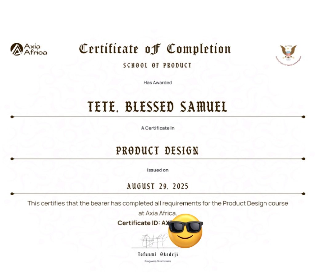 blessed_te66874's tweet photo. What a journey! I moved to a new city for independence and I'm heading back home with a Product Design certificate! 🎉
I started through the scholarship program with @axiaafrica, I had zero knowledge of tech, UX, or UI. https://t.co/fe5wePUVL9