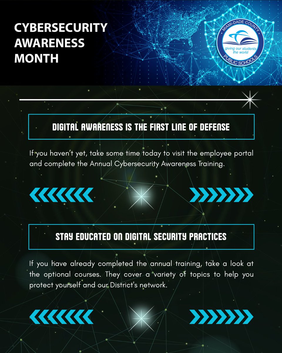 It's #CybersecurityAwarenessMonth!🛡️Protecting the <a href="/MDCPS/">Miami-Dade Schools</a> network starts with YOU. Complete your Annual Cybersecurity Awareness Training on the Employee Portal today. Digital awareness is our first line of defense. #MDCPSCyberAware #StaySafeOnline #ITSLeads #YourBestChoiceMDCPS